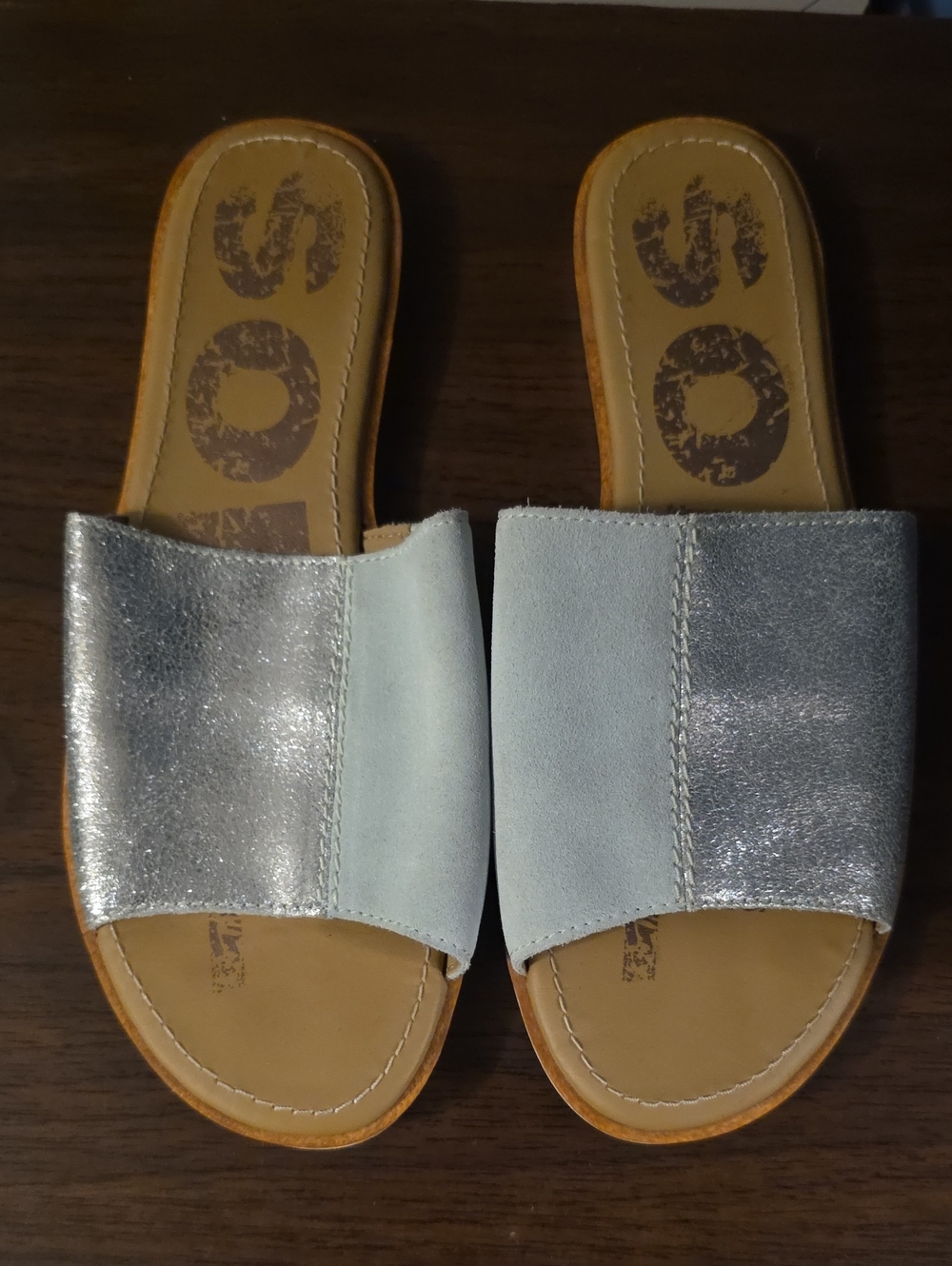Sorel Women's Silver Leather Grey Suede Slide Sandals Size 10